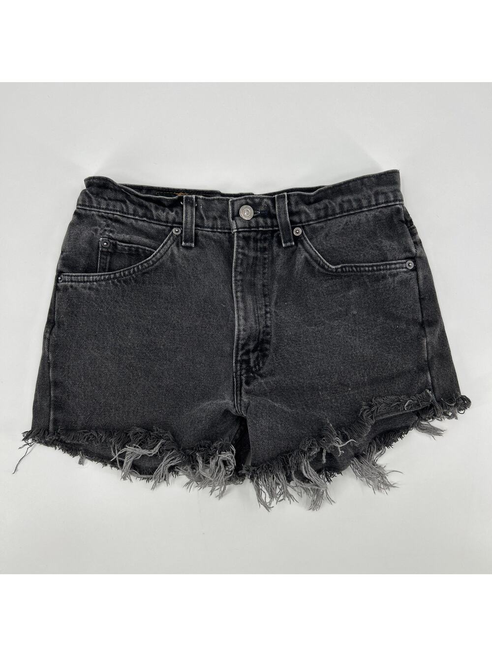 Vintage Levis 505 Cutoff Shorts Womens Size 28 Black Orange Tab USA Made Raw Hem